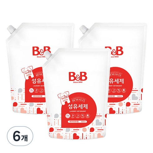 비앤비 섬유세제 베이비파우더향 리필, 1.5L, 6개