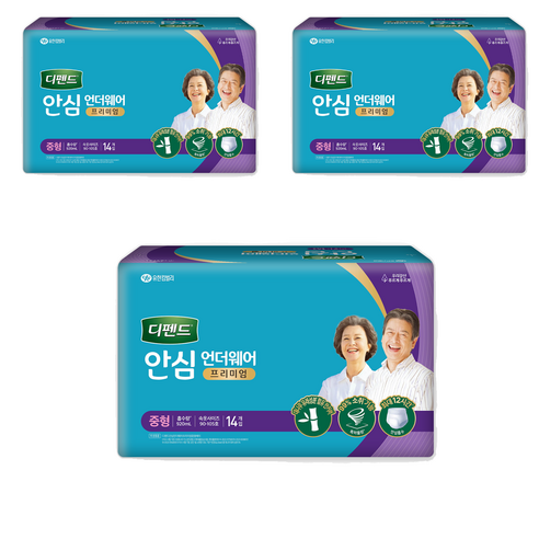 디펜드 남녀공용 안심 언더웨어 프리미엄 성인기저귀, 중형, 14개입, 3개