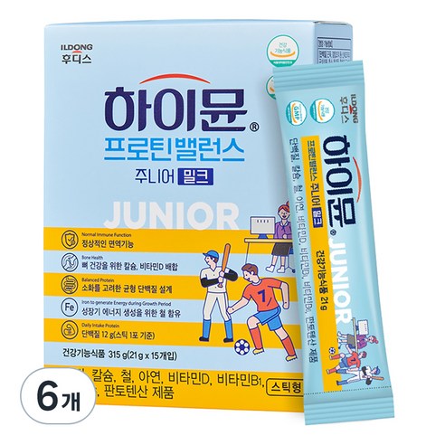 일동후디스 하이뮨 프로틴밸런스 주니어 스틱 밀크 오리지널 15p, 315g, 6개 
어린이 건강식품