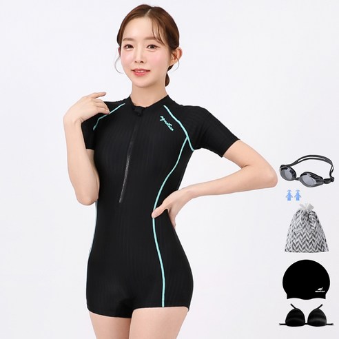 아쿠아티카 여성용 반팔 원피스 2부 수영복 + 일반용수경 6종세트 AQA27512