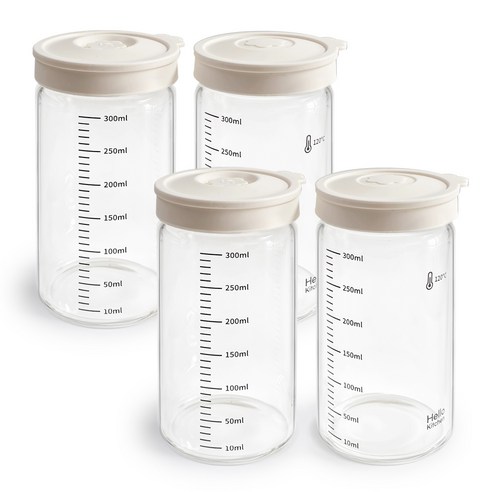 헬로키친 내열유리 실리콘캡 눈금 유리병, 4개, 300ml