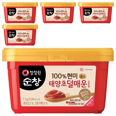 청정원순창 100% 현미 골드 태양초 덜매운 고추장, 1kg, 5개