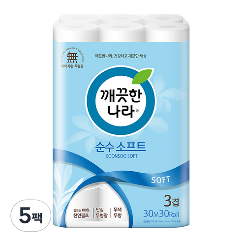 깨끗한나라 순수 소프트 화장지 3겹, 30m, 30개입, 5개