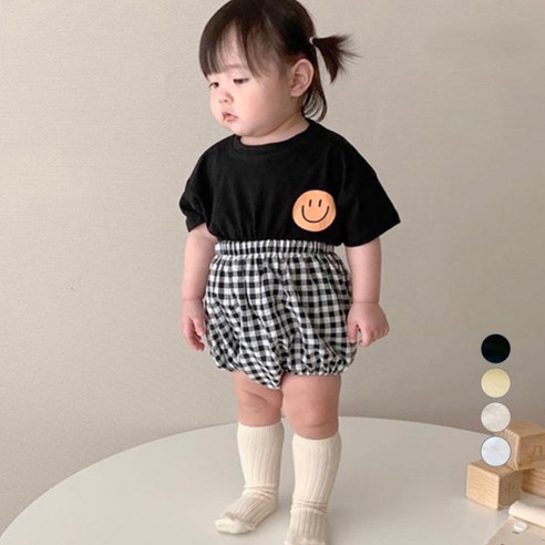 유아용 스마일 통기성 반팔 체크 블루머 상하세트