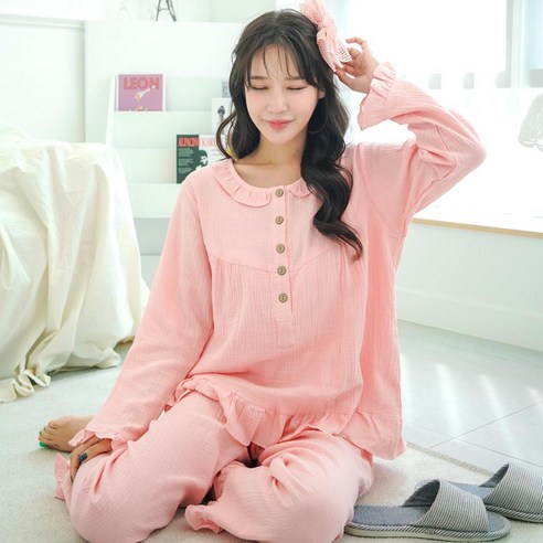 테라우드 여성용 거즈순면 긴팔 잠옷 상하세트