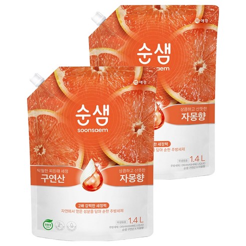 순샘 구연산 자몽 주방세제 리필, 1.4L, 2개