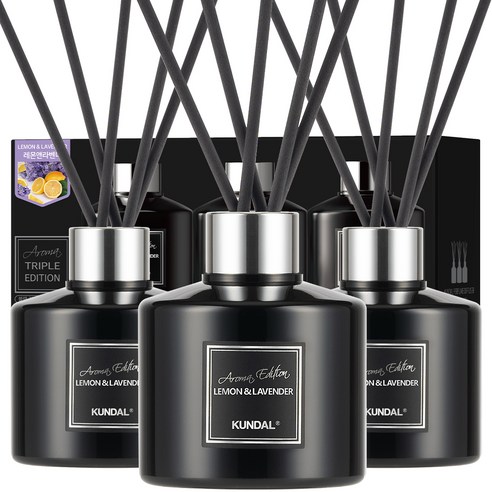 쿤달 퍼퓸 디퓨저 아로마에디션 200ml 3개 + 섬유스틱 15개 세트, 레몬앤라벤더향, 600ml, 1세트