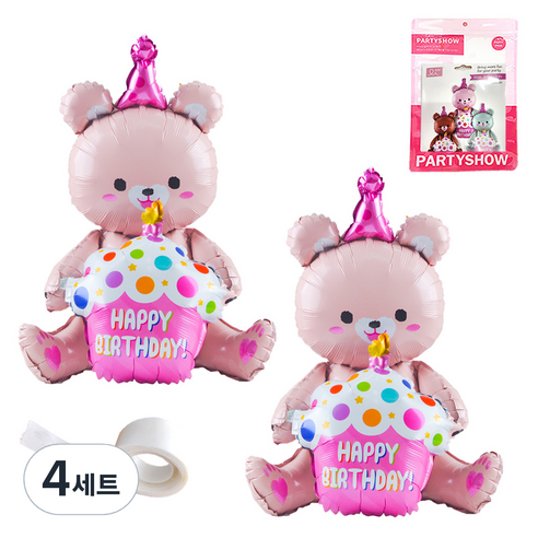 파티쇼 생일파티 곰돌이 은박 풍선 컵케익 2p + 글루닷 접착 스티커 세트, 핑크(곰돌이 은박 풍선), 핑크(곰돌이 은박 풍선), 4세트