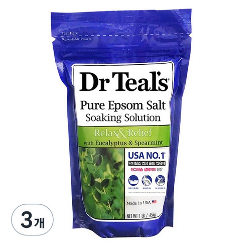 닥터틸즈 퓨어 엡섬 솔트 소킹 솔루션 입욕제 유칼립투스&스피아민트향, 450g, 3개