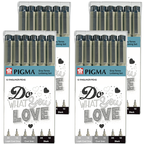 PIGMA 사쿠라 마이크론 모노톤 레터링 펜 세트, 라이트 쿨 그레이, 쿨 그레이, 블랙, 4세트
