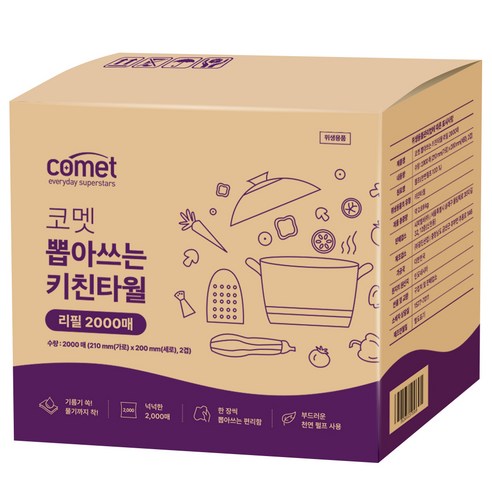 코멧 뽑아쓰는 키친타올 리필, 1개입, 2000개 개당 수량 × 수량, 2000매 × 1개 섬네일