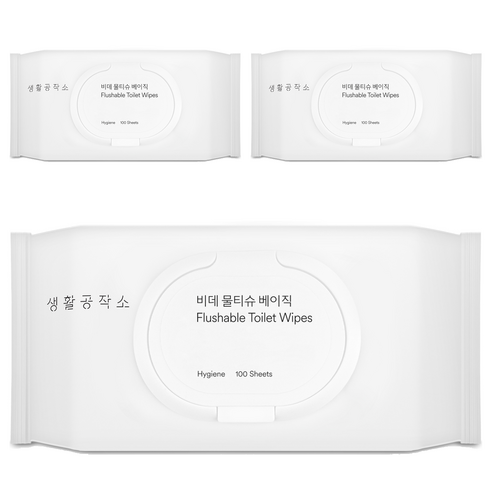 생활공작소 비데 물티슈 베이직 캡형, 100매, 3개