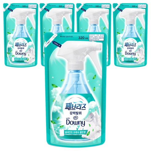 페브리즈 섬유탈취제 다우니 실내건조 프레시클린향 리필, 320ml, 5개
