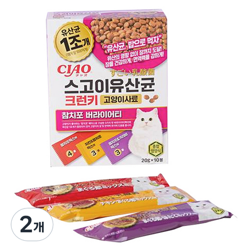 챠오츄르 전연령 고양이 CIAO 스고이유산균 크런키 참치포 버라이어티 P-245K 10p, 2개, 200g, 닭