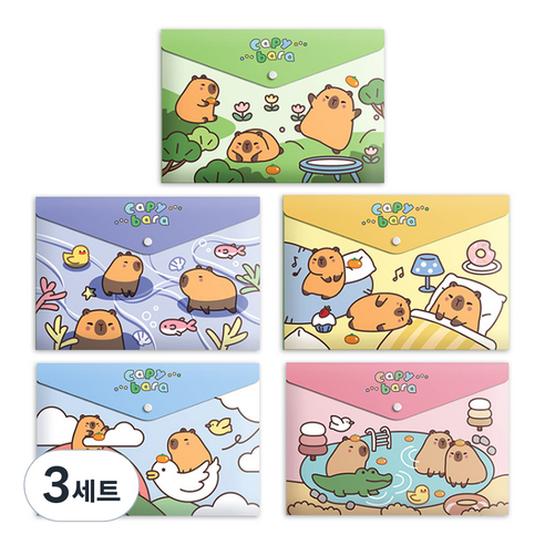 동아피엠에스 A4 똑딱이 캐릭터 자료 수납 봉투 파일 5종 세트, 카피바라, 3세트