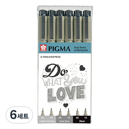PIGMA 사쿠라 마이크론 모노톤 레터링 펜 세트, 라이트쿨그레이 + 쿨그레이 + 블랙, 6세트