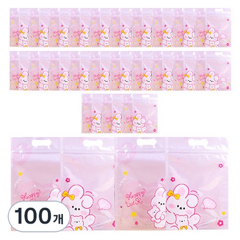 미미파티 감성 귀여운 구디백 손잡이 지퍼백 포장 봉투, 핑크토끼, 100개