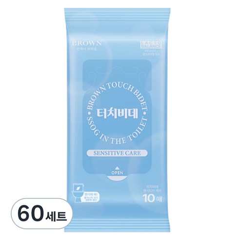 브라운 터치비데 센시티브 케어 화장실용 물티슈 휴대형, 55g, 10매, 60세트