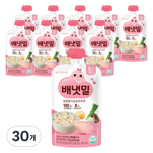 아이배냇 배냇밀 후기 찹쌀 닭가슴살 부추죽, 100g, 30개, 혼합맛(닭가슴살/찹쌀/부추)