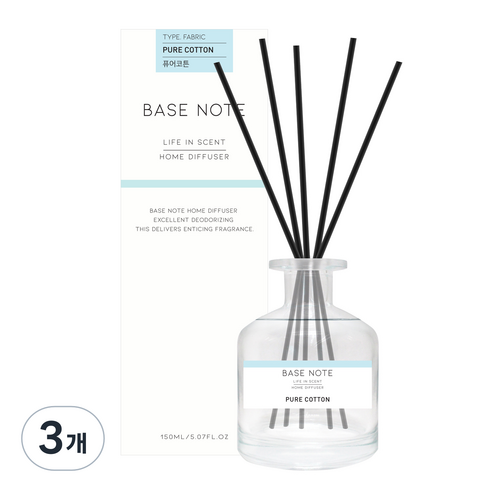 베이스노트 홈 디퓨져 150ml, 퓨어코튼, 3개
