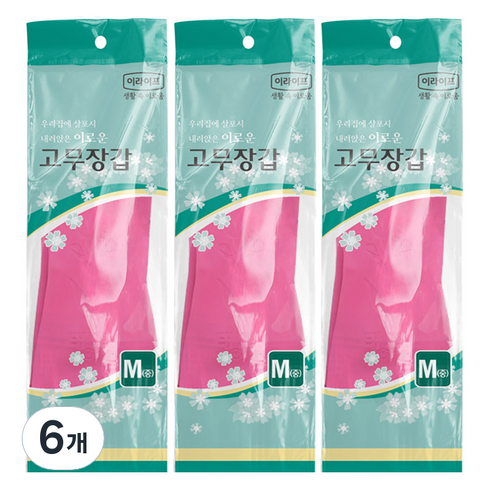 롯데이라이프 고무장갑, 핑크, 중(M), 6개