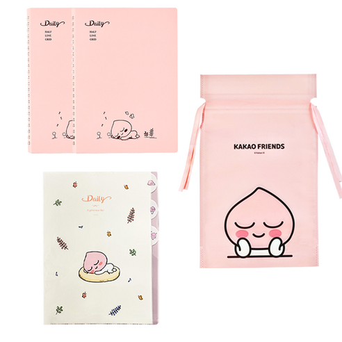 카카오 데일리 3타입 스프링 노트 어피치 2p + 데일리 인덱스파일 + 부직포백 세트, 랜덤발송(인덱스파일, 부직포백), 1세트