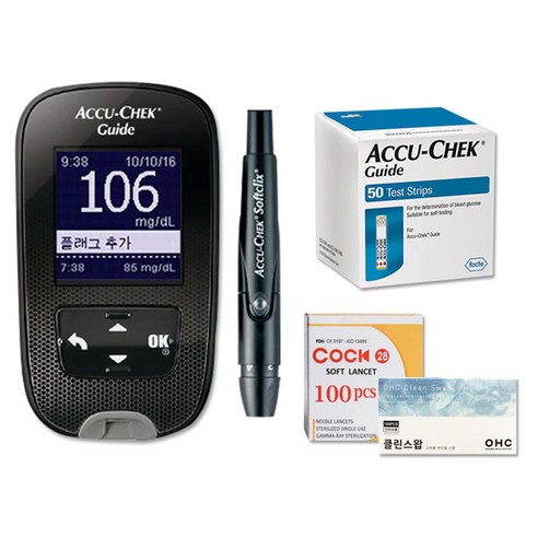 로슈 아큐첵 가이드 혈당계 + 시험지 50p + 호환침 100p + 솜 100p 세트, Accu-Chek Guide Set MG/DL SC, 1set