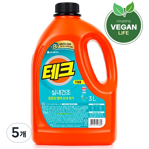 테크 실내건조 세탁세제 본품, 3L, 5개