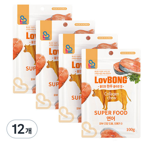 러봉 쫄깃한 한우 콜라겐껌 덴탈껌, 연어맛, 100g, 12개