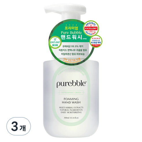 퓨어블 프리미엄 포밍 핸드워시 청량한 그린 편백향 본품, 3개, 300ml