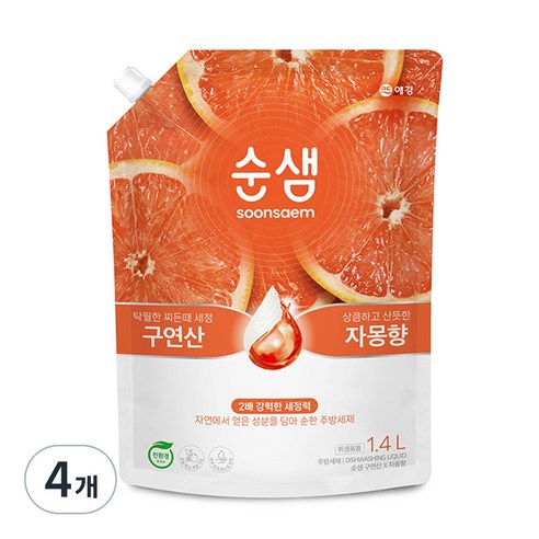 순샘 구연산 X 자몽향 주방세제, 1.4L, 4개