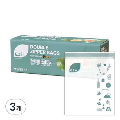 EZn이지엔 프리미엄 더블지퍼백 냉장 냉동 겸용, 대(L), 60개입, 3개