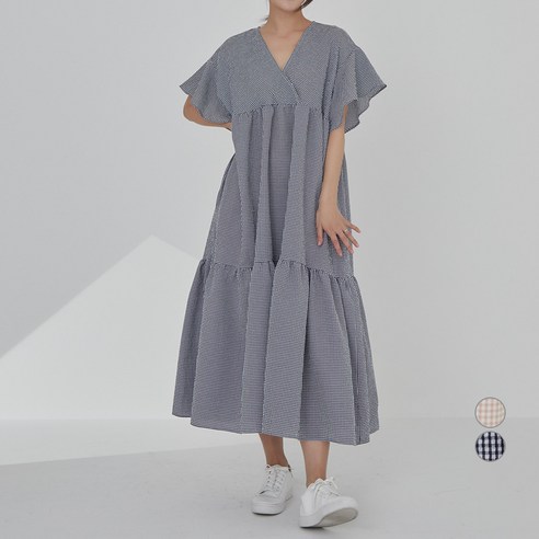 캐럿 여성용 루즈핏 깅엄체크 반팔 롱 원피스