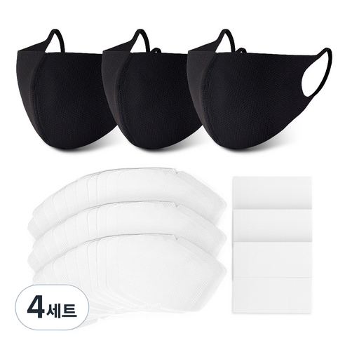 에코리즈 필터교체형 3D 패션 마스크 블랙 L 3p + 교체 필터 30p + 수용성밴드 60p 세트, 4세트