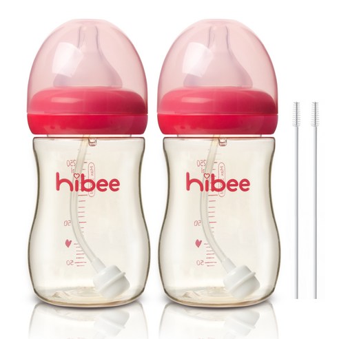 하이비 PPSU 빨대젖병 300ml 2p + 빨대솔 2p, S(0개월이상), 레드