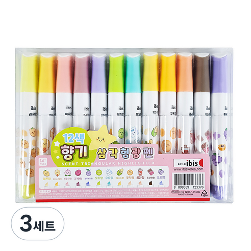 아이비스 12색 향기 삼각 형광펜, 3세트, 혼합색상