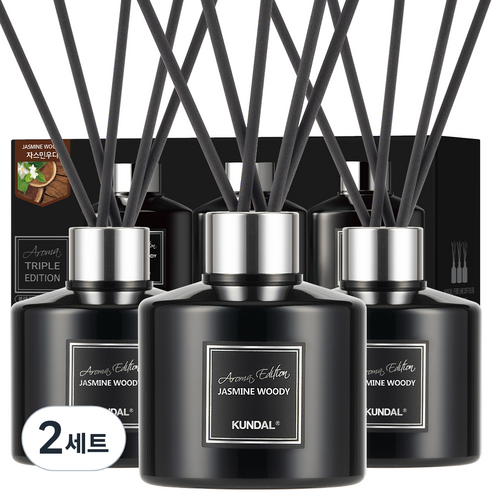쿤달 퍼퓸 디퓨저 아로마에디션 3개 + 섬유스틱 15개 세트, 자스민우디, 200ml, 2세트