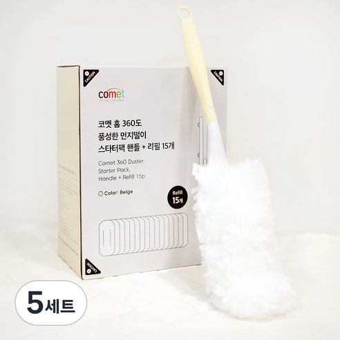 코멧 홈 360도 풍성한 핸들 먼지떨이 스타터팩 + 리필 15p 세트, 화이트, 5세트