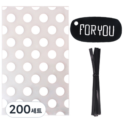 인디케이 OPP비닐봉투 중 도트 50p + 블랙 너를위한 텍 + 블랙타이, 혼합색상, 200세트