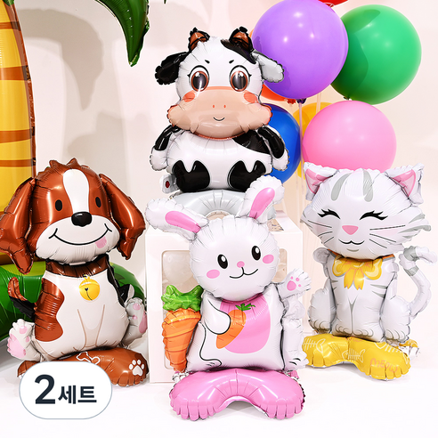 파티쇼 스탠드 동물 은박풍선 고양이 + 강아지 + 젖소 + 토끼 A 세트, 혼합색상, 2세트