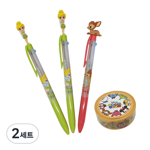 디즈니 팅커벨 밤비 마스코트 3색 볼펜 0.5mm 팅커벨 2p + 밤비 + 마스킹테이프 1.5cm x 7m 세트 A타입, 혼합색상, 2세트