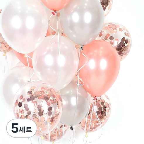 천장 풍선 20p + 컬링리본 + 스펀지닷 세트, 풍선(컨페티은박로즈골드, 펄실버, 펄화이트, 펄로즈골드), 리본(화이트), 5세트
