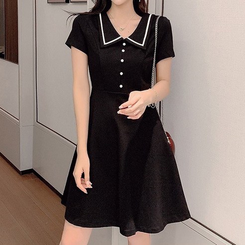 유니제이 마일 카라 배색 플레어 반팔 원피스