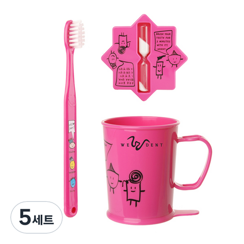 위덴 어린이 칫솔 11~13세 + 양치컵 + 모래시계 세트 핑크, 5세트