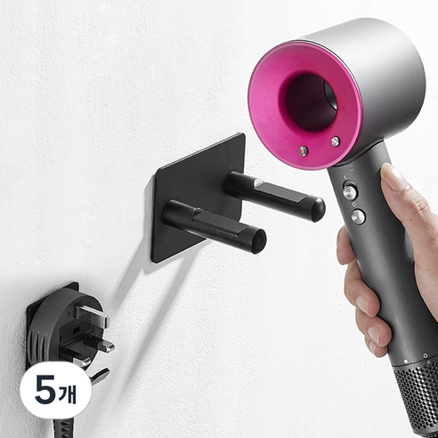 ROJI 고급 알루미늄 드라이기 거치대 + 코드 홀더 3M 스티커, 블랙, 5개