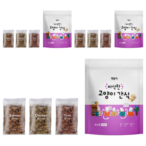 펫둥이 고양이 바삭한 간식 3가지맛, 혼합맛(연어/닭고기/참치), 600g, 3개