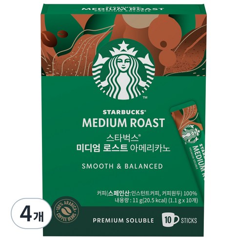 스타벅스 미디엄 로스트 아메리카노 스틱 원두커피믹스, 1.1g, 10개입, 4개