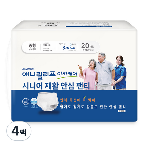 애니릴리프 재활 안심 팬티형 성인 기저귀 중형 화이트, 20매입, 4개