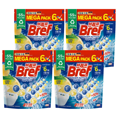 브레프 파워액티브 변기 세정제 레몬향 6p, 300g, 4개