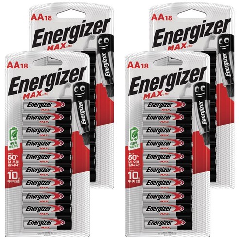에너자이저 알카라인 맥스 AA 건전지 LR06, 18개입, 4개